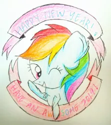 Size: 1992x2240 | Tagged: artist:sumi-mlp25, banners, derpibooru import, happy new year, happy new year 2019, holiday, one eye closed, rainbow dash, raised hoof, safe, simple background, solo, traditional art, wink