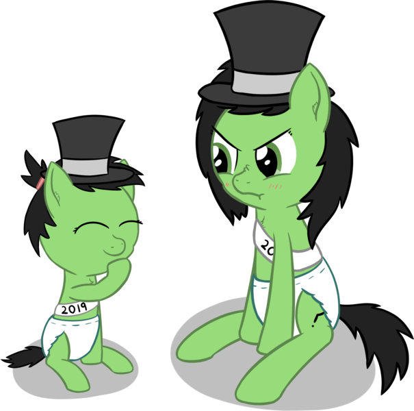 Size: 3146x3122 | Tagged: safe, artist:craftycirclepony, derpibooru import, oc, oc:anonfilly, unofficial characters only, 2019, angry, baby, baby new year, blushing, chest fluff, cute, diaper, duo, ear fluff, embarrassed, eyes closed, female, filly, frown, giggling, hair tie, hat, image, looking at each other, new year, png, raised leg, scrunchy face, simple background, sitting, smiling, transparent background