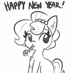 Size: 1650x1650 | Tagged: safe, artist:tjpones, derpibooru import, oc, oc:brownie bun, earth pony, pony, candy, candy cane, ear fluff, female, food, hair bun, happy new year, holiday, looking at you, mare, monochrome, mouth hold, simple background, sketch, solo, white background