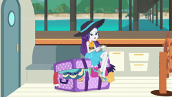 Size: 800x450 | Tagged: safe, derpibooru import, screencap, rarity, equestria girls, equestria girls series, the salty sails, animated, animation error, clothes, crossed legs, feet, flip-flops, geode of shielding, gif, hat, luggage, magical geodes, sandals, solo, sun hat, swimsuit
