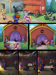 Size: 1024x1363 | Tagged: safe, artist:crownedspade, derpibooru import, oc, oc:jail break, oc:mala, earth pony, pegasus, pony, unicorn, comic:spade sisters, cart, christmas, christmas lights, colt, comic, female, filly, holiday, male, mare, plant