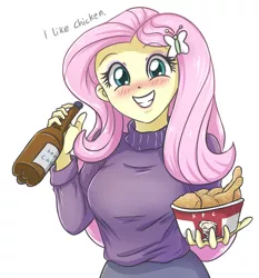 Size: 1871x2005 | Tagged: safe, artist:sumin6301, derpibooru import, fluttershy, equestria girls, 2019, alcohol, beer, blasphemy, bucket, chicken wings, clothes, dialogue, food, happy new year, holiday, kfc, out of character, simple background, smiling, solo, sweater, sweatershy, white background