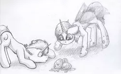 Size: 4634x2817 | Tagged: safe, artist:cornelia_nelson, derpibooru import, oc, oc:04, oc:darkujio, unofficial characters only, changeling, changepony, hybrid, pony, unicorn, changeling oc, egg, face down ass up, monochrome, stare, traditional art