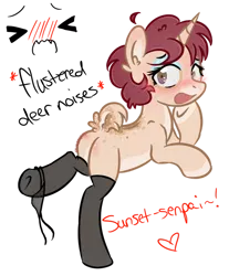 Size: 600x725 | Tagged: suggestive, artist:sinamuna, derpibooru import, oc, oc:pepper dust, unofficial characters only, deer, deer pony, original species, pony, unicorn, unideer, au:equuis, ahoge, base used, blushing, butt, clothes, crossdressing, curly hair, embarrassed, eyelashes, eyeshadow, femboy, flustered, horn, makeup, male, open mouth, panties, panties around leg, plot, raised tail, redesign, see-through, see-through panties, socks, solo, stallion, stockings, surprised, tail, thigh highs, trap, underwear, updated design