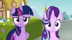 Size: 1280x720 | Tagged: safe, derpibooru import, screencap, starlight glimmer, twilight sparkle, twilight sparkle (alicorn), alicorn, pony, unicorn, fame and misfortune, concerned, duo, duo female, female, flower, flower pot, folded wings, frown, hair flip, hair over one eye, hedge, height difference, house, lidded eyes, looking at you, mare, ponyville, sad, wide eyes, wings