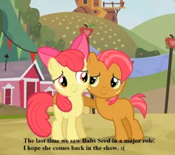 Size: 866x768 | Tagged: safe, derpibooru import, edit, edited screencap, screencap, apple bloom, babs seed, pony, apple family reunion, caption, cute, farm, female, filly, image macro, sweet apple acres, text