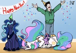 Size: 1280x899 | Tagged: safe, artist:greyscaleart, derpibooru import, princess celestia, princess luna, twilight sparkle, oc, oc:human grey, alicorn, human, pony, unicorn, confetti, constellation freckles, female, freckles, greyscaleart is trying to murder us, happy new year, happy new year 2019, hat, holiday, human male, male, mare, on back, party hat, royal sisters, signature, unicorn twilight