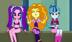 Size: 1280x738 | Tagged: suggestive, derpibooru import, edit, adagio dazzle, aria blaze, sonata dusk, equestria girls, adorabolical, adoragio, ariabetes, bra, breasts, cleavage, clothes, cute, evil grin, female, gem, grin, panties, pigtails, ponytail, siren gem, smiling, sonatabetes, the dazzlings, trio, trio female, twintails, underwear, underwear edit