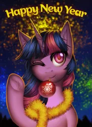 Size: 945x1300 | Tagged: safe, artist:margony, derpibooru import, twilight sparkle, pony, 2019, christmas, featured image, female, fireworks, happy new year, holiday, image, looking at you, mare, one eye closed, png, smiling, solo, wink