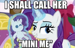 Size: 783x497 | Tagged: safe, derpibooru import, edit, edited screencap, screencap, rarity, pony, unicorn, hearth's warming shorts, mystery voice, austin powers, caption, dr. evil, female, hearth's warming doll, image macro, levitation, lidded eyes, magic, magic aura, mare, mini-me, plushie, rarity plushie, solo, telekinesis, text