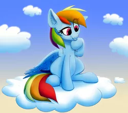 Size: 1689x1488 | Tagged: safe, artist:ikarooz, derpibooru import, rainbow dash, pegasus, pony, cloud, dreamworks face, female, mare, on a cloud, smiling, solo