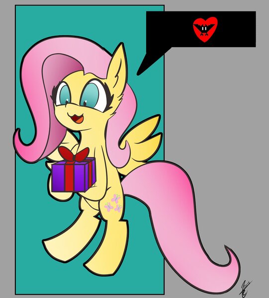 Size: 2581x2862 | Tagged: safe, artist:exxie, derpibooru import, fluttershy, birthday, floating, heart, open mouth, present, simple background, smiling, tiarawhy