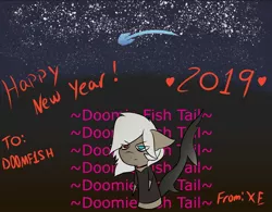 Size: 1500x1168 | Tagged: artist:exxie, chibi, derpibooru import, doomie doomie fish tail, fish tail, frown, new year, oc, oc:cella, safe, simple background