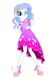 Size: 1480x2179 | Tagged: safe, artist:ilaria122, derpibooru import, oc, oc:sapphire blue, equestria girls, alternate hairstyle, clothes, crystal gala, crystal gala dress, dress, female, high heels, next generation, offspring, one eye closed, parent:fancypants, parent:rarity, parents:raripants, shoes, simple background, smiling, solo, transparent background