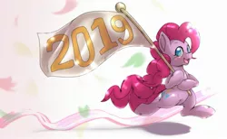 Size: 2500x1536 | Tagged: safe, artist:kurogewapony, derpibooru import, pinkie pie, earth pony, pony, 2019, bipedal, colored pupils, female, flag, happy new year, happy new year 2019, holiday, smiling, solo