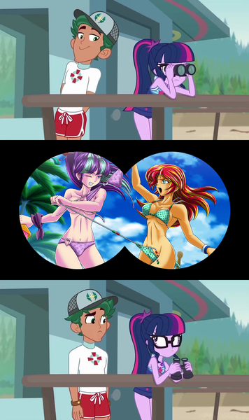 Size: 640x1080 | Tagged: suggestive, artist:mauroz, derpibooru import, edit, edited screencap, screencap, sci-twi, starlight glimmer, sunset shimmer, timber spruce, twilight sparkle, human, equestria girls, equestria girls series, unsolved selfie mysteries, armpits, assisted exposure, beach, belly button, bikini, bikini top, breasts, busty starlight glimmer, busty sunset shimmer, cap, catfight, clothes, clothing theft, cloud, dessert, female, fight, flower pattern swimsuit, food, geode of telekinesis, glasses, green swimsuit, hat, humanized, humiliation, ice cream, imminent nudity, implied lesbian, implied shipping, implied sunsetsparkle, implied twistarlight, jeweled swimsuit, lifeguard timber, magical geodes, male, o-ring swimsuit, open mouth, polka dot swimsuit, ponytail, public humiliation, purple swimsuit, shipping, shorts, side-tie bikini, sky, sleeveless, straight, string bikini, swimsuit, swimsuit theft, timbertwi, tree, undressing, untied bikini, wardrobe malfunction