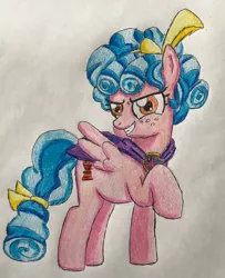 Size: 2262x2790 | Tagged: safe, artist:bozzerkazooers, derpibooru import, cozy glow, pegasus, pony, bow, female, freckles, mare, older, older cozy glow, solo, traditional art