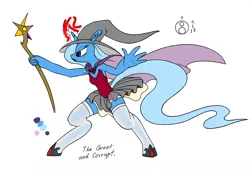 Size: 1000x694 | Tagged: safe, artist:sepiakeys, derpibooru import, trixie, anthro, unicorn, alicorn amulet, armpits, cape, clothes, corset, female, hat, horseshoes, magic, mare, pleated skirt, skirt, socks, solo, stockings, thigh highs, trixie's hat, wand, witch hat, zettai ryouiki