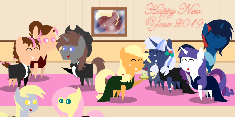 Size: 8000x4000 | Tagged: safe, artist:steampunk-brony, derpibooru import, applejack, derpy hooves, fluttershy, rarity, oc, oc:ellison, oc:neo strike, oc:pink rose, oc:serene, oc:silverlay, oc:steamy, oc:think pink, pony, unicorn, absurd resolution, alternate hairstyle, canon x oc, clothes, dress, female, lesbian, magical lesbian spawn, male, mare, offspring, parent:applejack, parent:oc:silverlay, parents:canon x oc, parents:silverjack, pointy ponies, rule 63, shipping, silverjack, stallion