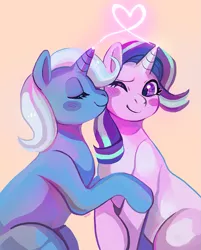 Size: 1095x1362 | Tagged: safe, artist:cherivinca, derpibooru import, starlight glimmer, trixie, pony, unicorn, blushing, cute, diatrixes, eyes closed, female, glimmerbetes, heart, kiss on the cheek, kissing, lesbian, magic, mare, nuzzling, one eye closed, shipping, smiling, startrix