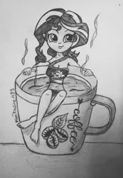 Size: 952x1377 | Tagged: safe, artist:alienpauline483, derpibooru import, sunset shimmer, equestria girls, cup, solo, teacup, traditional art