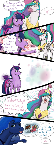 Size: 1500x4000 | Tagged: safe, artist:azurllinate, derpibooru import, big macintosh, pipsqueak, princess celestia, princess luna, twilight sparkle, twilight sparkle (alicorn), alicorn, pony, comic, comic strip, dark secret, drink, drinking, female, food, implied shipping, lunamac, lunapip, male, pillow, pointing, princess celestia is a horse, royal sisters, shipping, straight, tea, teleportation