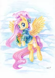 Size: 900x1258 | Tagged: safe, artist:maytee, derpibooru import, fluttershy, pegasus, pony, christmas, clothes, colored pencil drawing, cute, female, flying, happy new year, holiday, holly, holly mistaken for mistletoe, looking at you, mare, present, shyabetes, signature, smiling, solo, sweater, traditional art