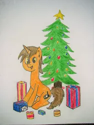 Size: 1488x1984 | Tagged: safe, artist:barryfrommars, derpibooru import, oc, oc:digital sketch, unofficial characters only, pony, unicorn, bell, christmas, christmas tree, holiday, letter, present, simple background, solo, stars, traditional art, tree