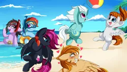 Size: 3062x1755 | Tagged: safe, artist:pridark, derpibooru import, fleetfoot, rainbow dash, oc, oc:chloe jones, oc:neon flare, oc:razor winds, oc:sky chase, pegasus, pony, beach, blushing, clothes, cloud, commission, diving goggles, female, frog (hoof), goggles, heart, inflatable toy, male, mare, one eye closed, open mouth, sand, sky, smiling, snorkel, stallion, swimsuit, underhoof, water, wonderbolts