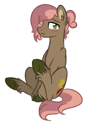 Size: 600x854 | Tagged: safe, artist:sinamuna, derpibooru import, oc, oc:show stopper, unofficial characters only, pony, base used, blushing, brown fur, facial hair, green eyes, male, next generation, nextgen:sinverse, offspring, parent:button mash, parent:sweetie belle, parents:sweetiemash, pink hair, ponytail, sitting, smiling, solo, stallion, stubble