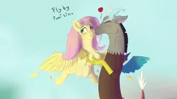 Size: 2560x1440 | Tagged: safe, artist:fuzzypones, derpibooru import, discord, fluttershy, draconequus, pegasus, pony, :p, blushing, cute, discoshy, discute, feather, female, flying, heart, hoof hold, kiss on the cheek, kissing, male, shipping, shyabetes, silly, sky, smooch, straight, text, tongue out