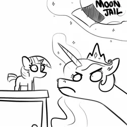 Size: 1650x1650 | Tagged: safe, artist:tjpones, derpibooru import, princess celestia, twilight sparkle, pony, unicorn, angry, celestia is not amused, female, glowing horn, horn, lineart, looking at each other, monochrome, simple background, sketch, this will end in tears and/or a journey to the moon, to the moon, unamused, wide eyes