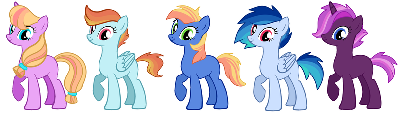 Size: 3500x1000 | Tagged: safe, artist:niftykirin, derpibooru import, oc, unnamed oc, earth pony, pegasus, pony, unicorn, adoptable, base used, female, magical gay spawn, magical lesbian spawn, mare, offspring, parent:applejack, parent:big macintosh, parent:rainbow dash, parent:soarin', parent:sunset shimmer, parent:tempest shadow, parent:twilight sparkle, parent:vinyl scratch, parents:soarmac, parents:sunsetdash, parents:tempestlight, parents:twijack, parents:vinyldash, simple background, white background