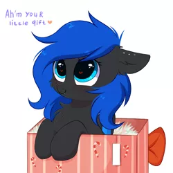 Size: 3000x3000 | Tagged: safe, artist:pesty_skillengton, derpibooru import, oc, oc:acelina, unofficial characters only, bat pony, pony, bat pony oc, bat wings, box, candy, candy cane, cheek fluff, chest fluff, commission, cute, ear piercing, fangs, food, happy, heart eyes, hearth's warming eve, holiday, piercing, pony in a box, present, ribbon, wingding eyes, wings, ych result