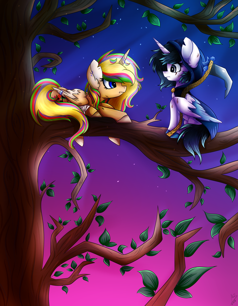 Size: 3500x4500 | Tagged: safe, artist:xxmelody-scribblexx, derpibooru import, oc, oc:melody scribble, oc:sapphire, unofficial characters only, alicorn, pony, female, mare, night, prone, tree, tree branch