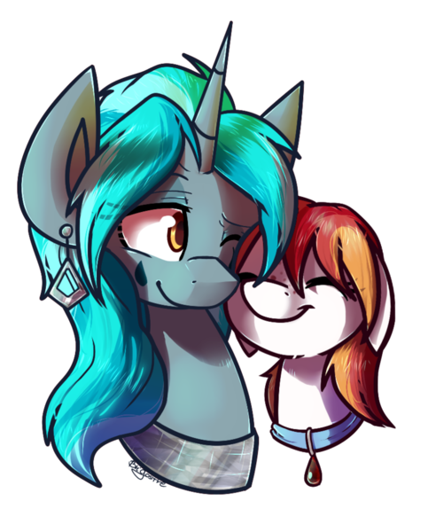 Size: 802x997 | Tagged: safe, artist:crownedspade, derpibooru import, oc, oc:ruby hop, oc:teary choir, unofficial characters only, earth pony, pony, unicorn, ear piercing, earring, female, filly, jewelry, mare, mother and child, mother and daughter, nuzzling, piercing, simple background, transparent background