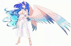 Size: 4000x2621 | Tagged: alicorn, alternate design, anthro, arima verse, artist:jonfawkes, barefoot, barefoot sandals, big breasts, bra, breasts, busty princess celestia, cleavage, clothes, colored wings, colored wingtips, derpibooru import, ear fluff, erect nipples, feet, female, lidded eyes, looking at you, mare, nipple outline, panties, princess celestia, see-through, simple background, smiling, solo, solo female, spread wings, suggestive, underwear, white background, wings