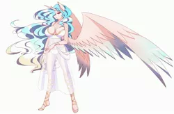 Size: 4000x2621 | Tagged: alicorn, alternate design, anthro, arima verse, artist:jonfawkes, barefoot, barefoot sandals, big breasts, bra, breasts, busty princess celestia, cleavage, clothes, colored wings, colored wingtips, derpibooru import, ear fluff, erect nipples, feet, female, lidded eyes, looking at you, mare, nipple outline, panties, princess celestia, see-through, simple background, smiling, solo, solo female, spread wings, suggestive, underwear, white background, wings