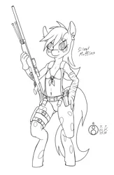 Size: 650x1000 | Tagged: safe, artist:sepiakeys, derpibooru import, derpy hooves, anthro, breasts, clothes, cloths, cosplay, costume, delicious flat chest, female, grenade, gun, handgun, lineart, metal gear solid 5, pantyhose, pistol, quiet (metal gear), rifle, ripped pantyhose, sniper, sniper rifle, solo, weapon