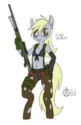 Size: 650x1000 | Tagged: safe, artist:sepiakeys, derpibooru import, derpy hooves, breasts, clothes, cloths, cosplay, costume, delicious flat chest, female, grenade, gun, handgun, metal gear solid 5, pantyhose, pistol, quiet (metal gear), rifle, ripped pantyhose, sniper, sniper rifle, solo, weapon