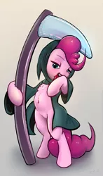 Size: 1281x2177 | Tagged: safe, artist:xbi, derpibooru import, pinkie pie, earth pony, pony, bipedal, clothes, grim reaper, hooded cape, hoodie, inflatable toy, licking, looking at you, scythe, solo, tabun art-battle finished after, tongue out