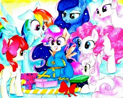 Size: 2063x1641 | Tagged: safe, artist:liaaqila, derpibooru import, apple bloom, pinkie pie, princess celestia, princess luna, rainbow dash, scootaloo, sweetie belle, earth pony, pegasus, pony, unicorn, badge, bow, clothes, cutie mark crusaders, female, filly, hair bow, mare, open mouth, present, scootalove, smiling, tongue out, traditional art, uniform, wonderbolts uniform