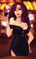Size: 1200x1983 | Tagged: alcohol, artist:x-arielle, bedroom eyes, bracelet, breasts, cleavage, clothes, derpibooru import, dress, ear piercing, eyeshadow, female, human, humanized, jewelry, lipstick, little black dress, looking at you, makeup, necklace, piercing, rarity, smiling, solo, solo female, source needed, suggestive, wine