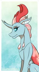 Size: 654x1200 | Tagged: artist:inuhoshi-to-darkpen, blue background, changedling, changeling, changeling queen, compound eyes, derpibooru import, female, ocellus, older, older ocellus, queen ocellus, safe, signature, simple background, smiling, solo