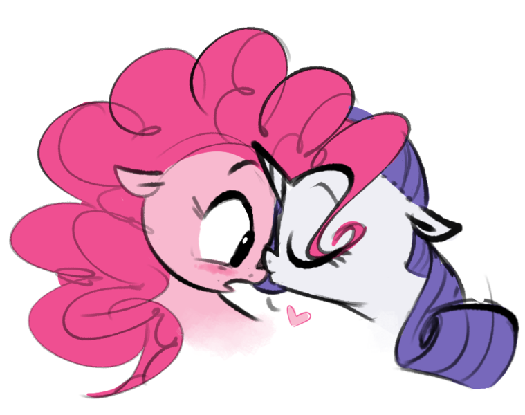 Size: 915x723 | Tagged: safe, artist:hattsy, derpibooru import, pinkie pie, rarity, earth pony, pony, unicorn, blushing, cute, eyes closed, female, heart, kissing, lesbian, mare, nose kiss, raripie, shipping, simple background, surprised, white background