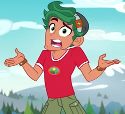 Size: 1177x1078 | Tagged: safe, derpibooru import, screencap, timber spruce, equestria girls, legend of everfree, legend of everfree - bloopers, camp everfree logo, camp everfree outfits, clothes, cropped, faic, male, shorts