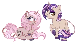 Size: 600x330 | Tagged: safe, artist:sinamuna, derpibooru import, oc, oc:cinnamon beat, oc:peppermint song, unofficial characters only, pony, unicorn, au:equuis, awkward smile, base used, blushing, brown eyes, brown fur, colored hooves, curly hair, cutie mark, duo, eyeshadow, female, gradient mane, horn, leonine tail, long hair, lying down, makeup, mare, multicolored hair, pink hair, purple eyes, purple hair, redesign, short hair, siblings, sisters, smiling, smirk, solo, updated design