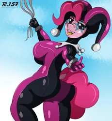 Size: 2500x2700 | Tagged: anthro, artist:renegade-157, balloon, big breasts, bodysuit, breasts, busty pinkie pie, clothes, derpibooru import, female, harlequin, high res, jester, jester pie, latex, latex suit, open mouth, pinkie pie, smiling, solo, solo female, suggestive, tight clothing