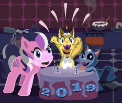 Size: 2513x2117 | Tagged: safe, artist:magerblutooth, derpibooru import, diamond tiara, oc, oc:dazzle, oc:peal, cat, earth pony, pony, comic:diamond and dazzle, batter, bowl, cake, cake batter, candle, flour, food, happy new year, happy new year 2019, holiday, mixing bowl, oven, sink