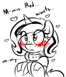 Size: 382x444 | Tagged: safe, artist:zajice, derpibooru import, oc, oc:lilith, pony, arm warmers, ask, blushing, clothes, collar, heart, implied futa, open mouth, solo, tumblr